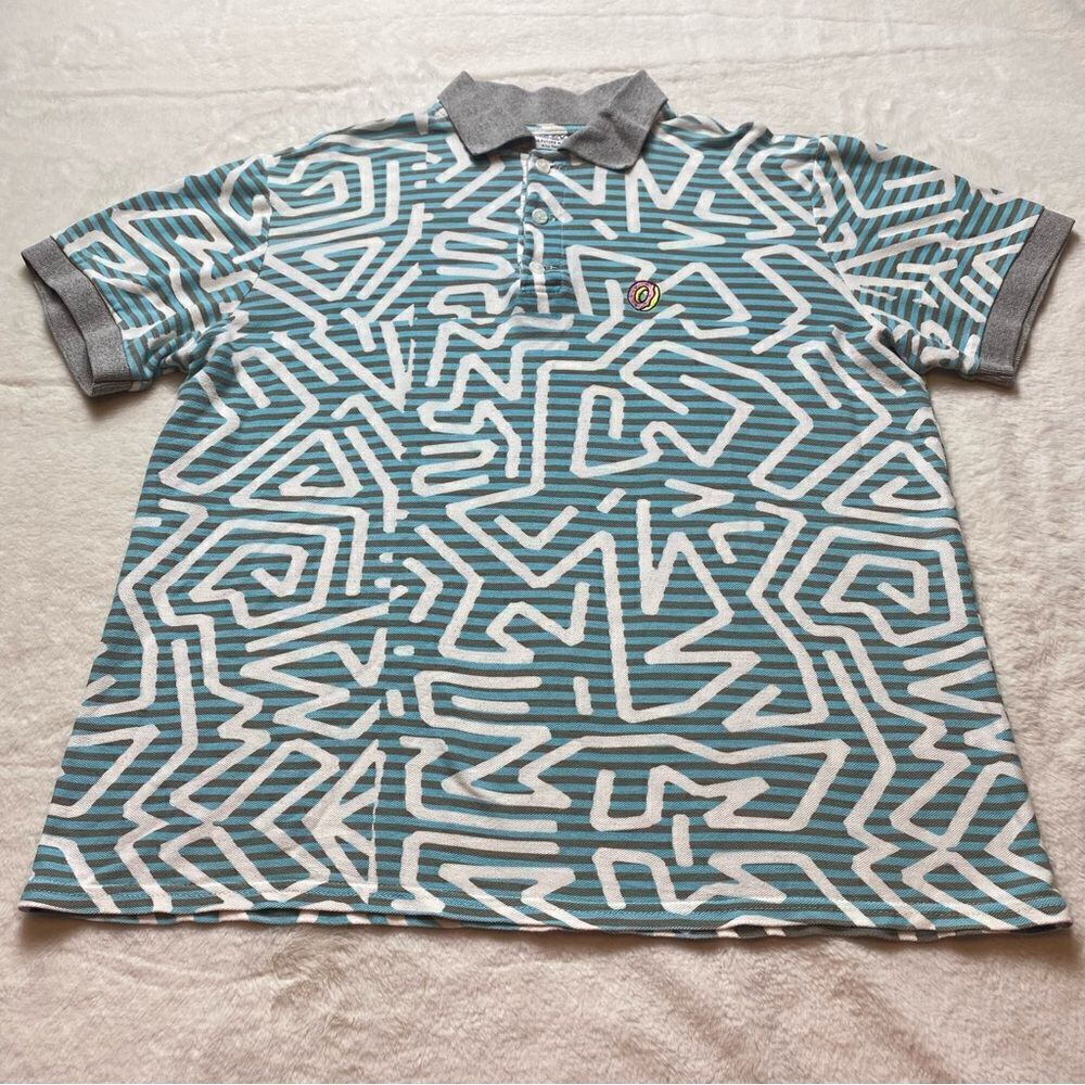 OFWGKTA White, Blue Tan Short Sleeve Polo Shirt Size Large